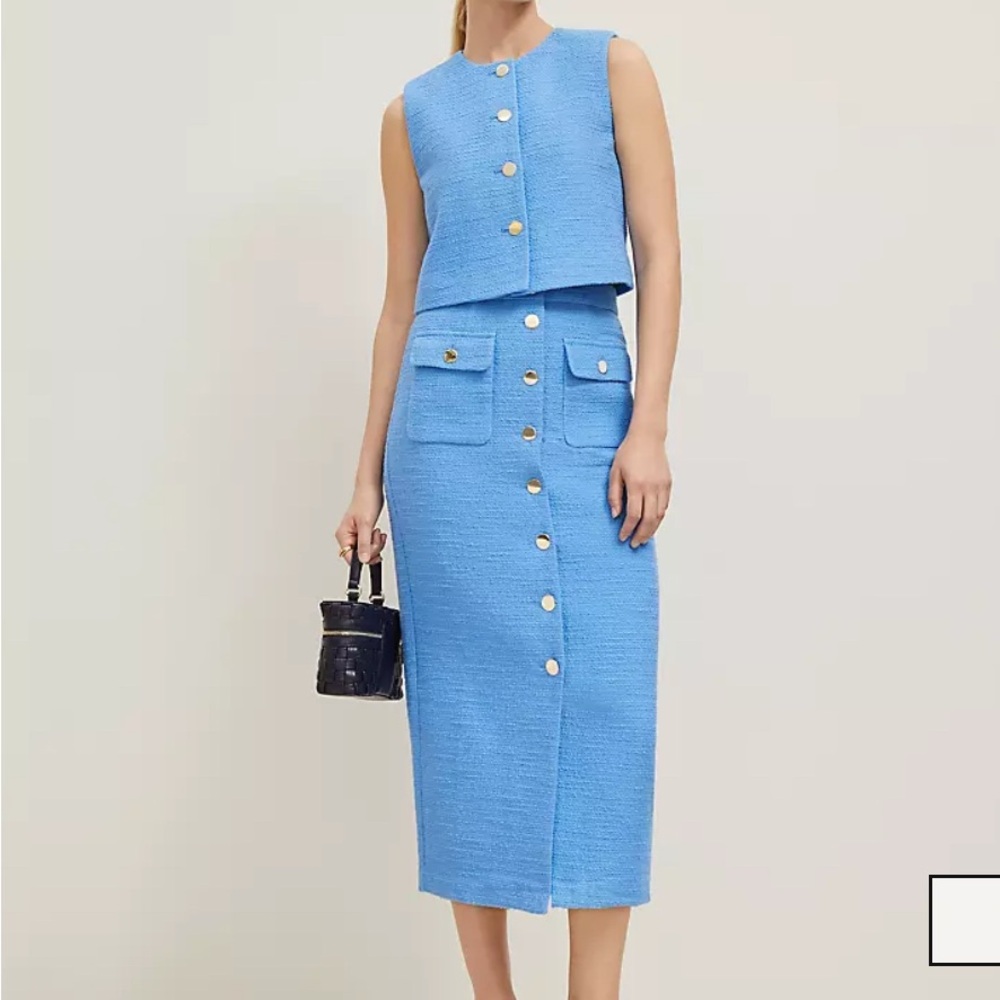 Ann Taylor Maritime Blue Tweed Midi Pencil Skirt and Vest
